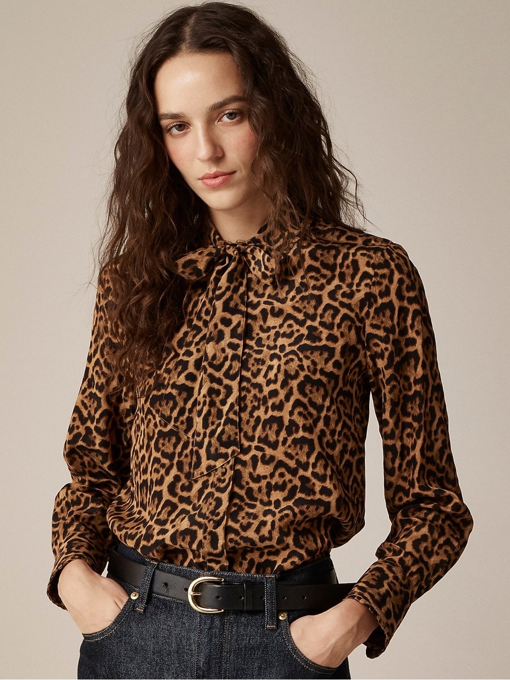 J. CREW Removable tie-neck button-up shirt in leopard crepe de chine S NWT
